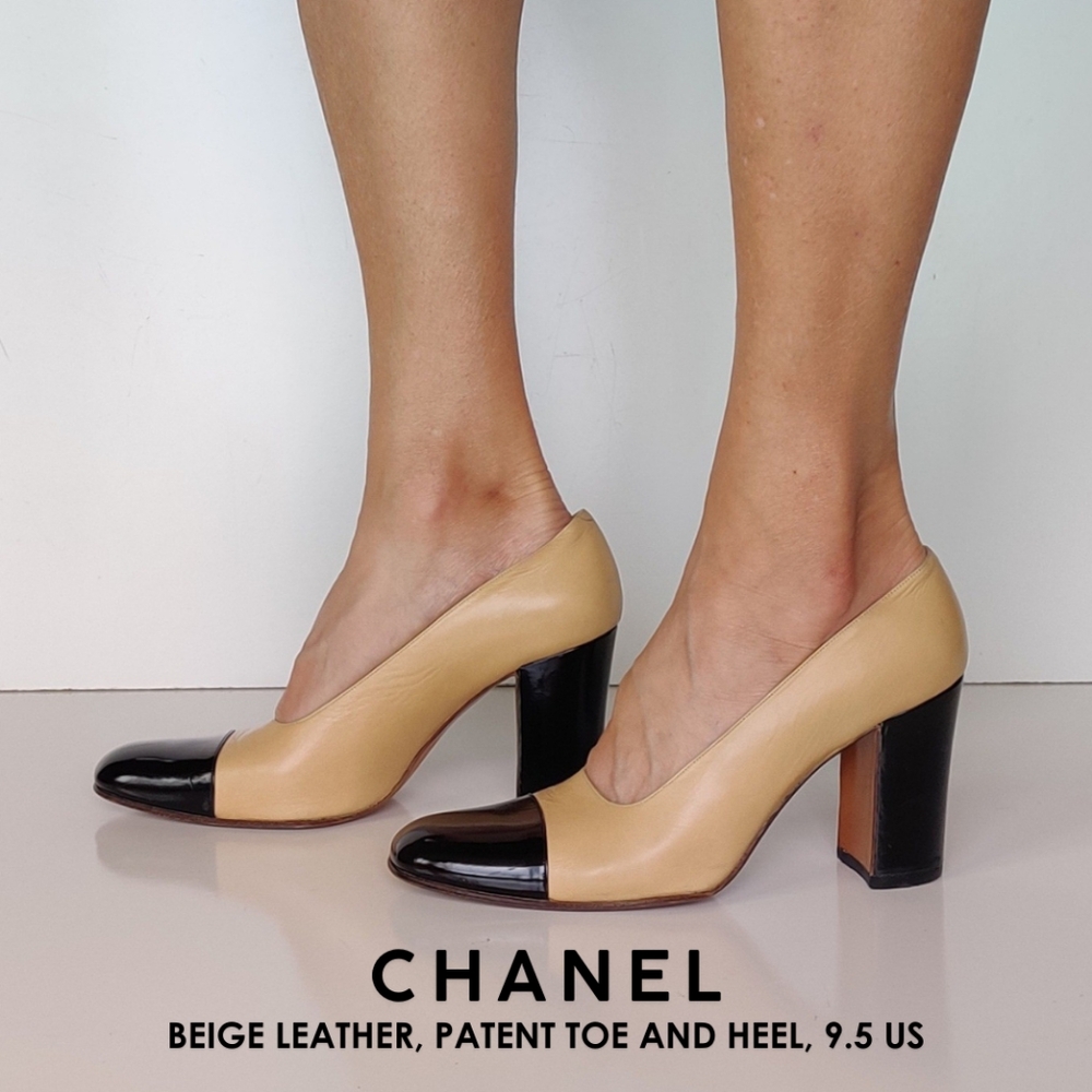 CHANEL black patent heel & toe with classic CHANEL beige leather US 9.5